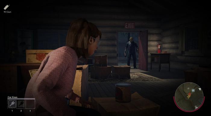 A player fleeing killer, Jason Voorhees, in Friday the 13th: The Game.