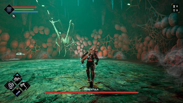 Image of the player character fighting the Dementula boss in Dolmen.
