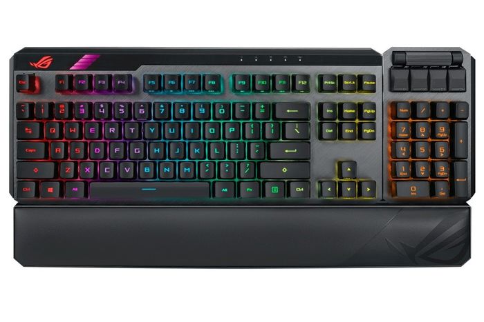 best keyboard, image of a backlit gaming keyboard with wristrest