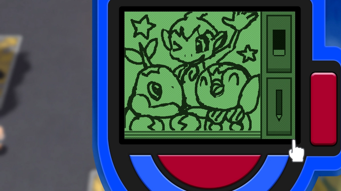 A player has used the Notepad app in the Pokétch of Pokémon Brilliant Diamond & Shining Pearl to draw an image of all three starter Pokémon; Chimchar, Turtwig, and Piplup.