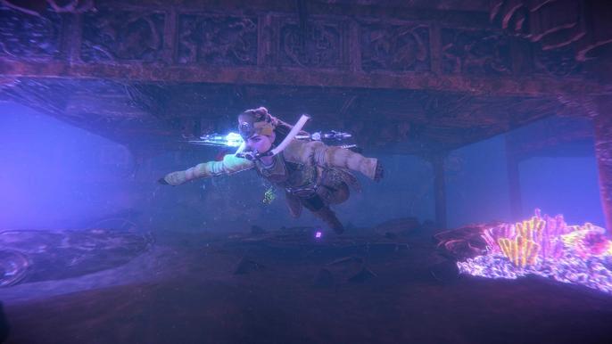 Horizon Forbidden West Aloy using Diving Mask in an underwater ruin