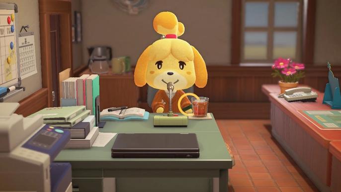 Isabelle in the Town Hall in Animal Crossing: New Horizons.