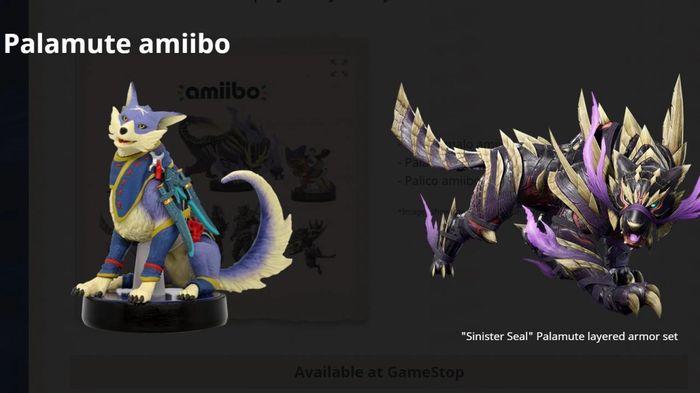 an image showing the Palamute amiibo from Monster Hunter Rise alongside the armour that it unlocks