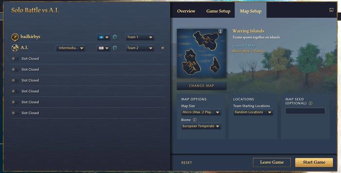 The menu for Age of Empires 4 Skirmish mode, where players can choose civilisations, map, and adjust settings.