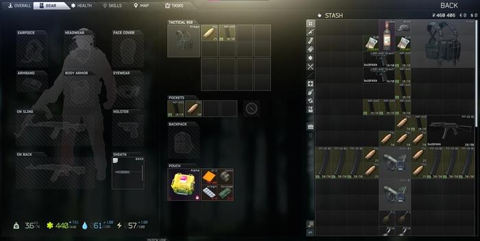 The gear section of the character menu in Escape From Tarkov, where ammo can be placed into pockets or the tactical rig to be easily accessed.
