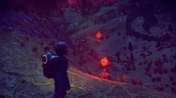 A player faces two armored Sentinel drones in No Man's Sky.