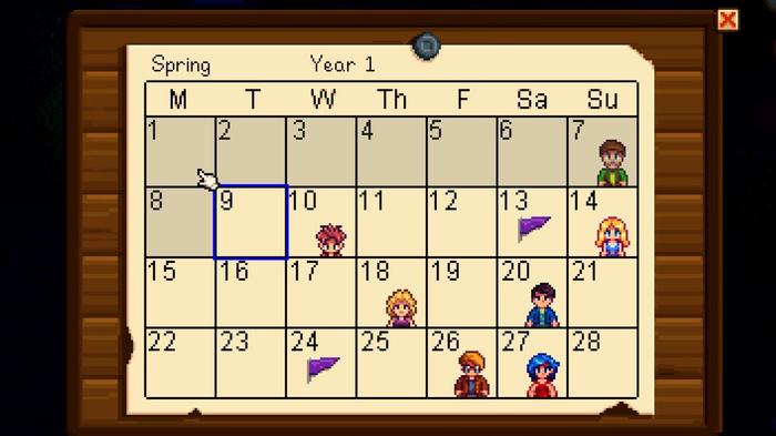 Stardew Valley. Pierre's Calendar Spring, Year 1. The image is of a calendar for the spring season in year one. The date shows it is the 9th day of Spring. 