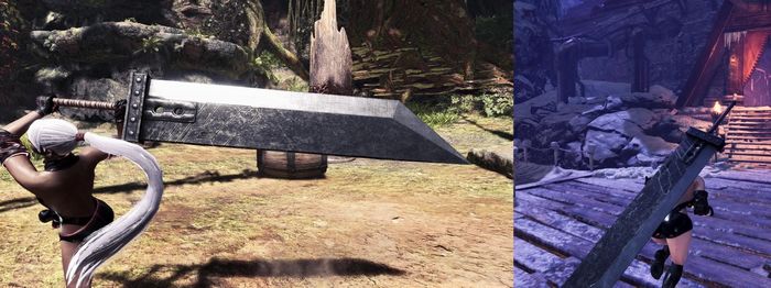 The Buster sword from Final Fantasy VII Remake being used in Monster Hunter: World. One screenshot shows the blade being used while the other shows it sheathed.