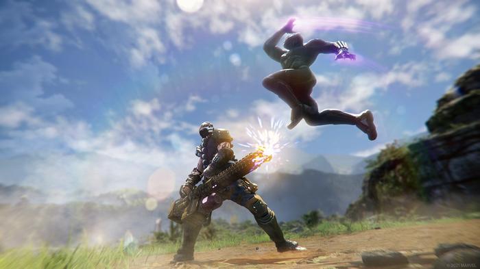 Screenshot from Marvel's Avengers War for Wakanda expansion showing Black Panther in mid-air, about to attack a heavily armed enemy.
