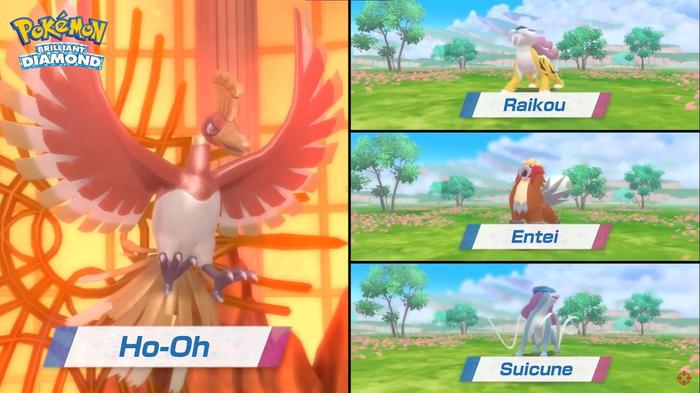 Legendary Pokémon Ho-Oh, Raikou, Entei and Suicine in Pokémon Brilliant Diamond and Shining Pearl.