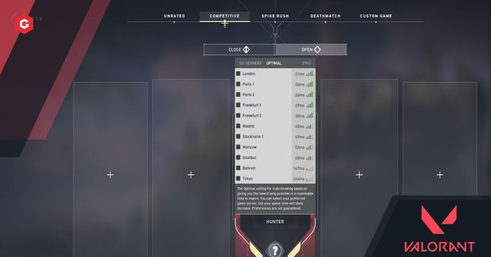 Server list shown in the 'Play' tab of Valorant's menu.