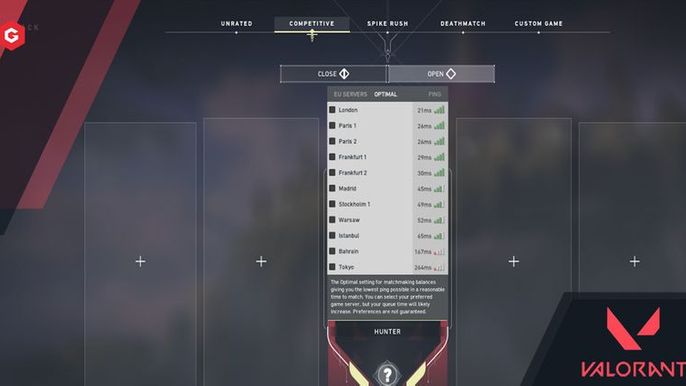 Server list shown in the 'Play' tab of Valorant's menu.