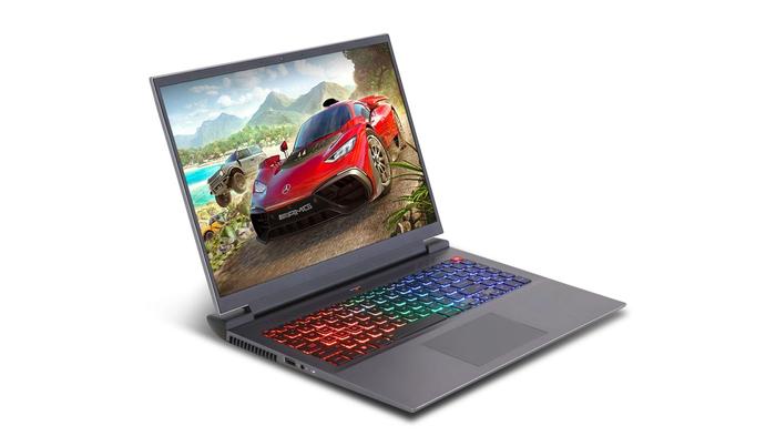 Best laptop for Modern Warfare 2 - Chillblast Defiant product image of a grey laptop with multi-coloured backlit keys and a red car on the display.