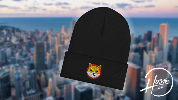 Shiba Inu Coin Beanie Hat on background of Chicago with Hoss Company logo after buying SHIB.
