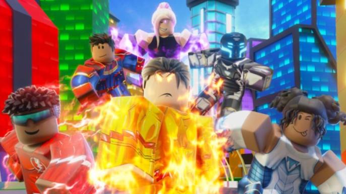 Screenshot from Mad City, showing several Roblox superheroes preparing for battle