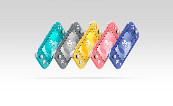 5 Nintendo Switch Lite colour variants, Turquoise, Yellow, Grey, Coral and Blue.