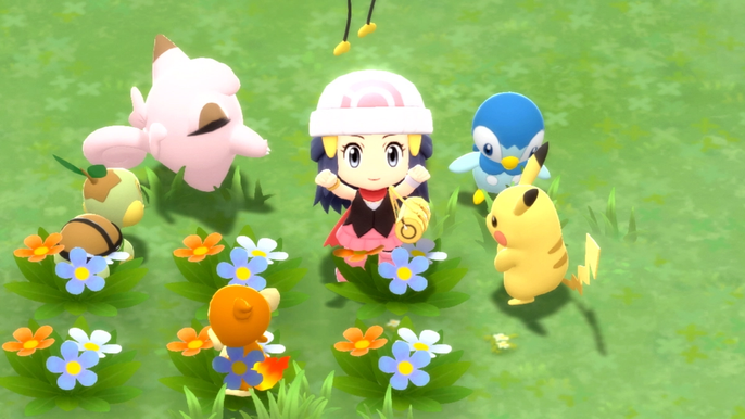 A Pokémon Trainer with Piplup, Chimchar, Turtwig, Pikachu, and Clefairy in Amity Square in Pokémon Brilliant Diamond and Shining Pearl.