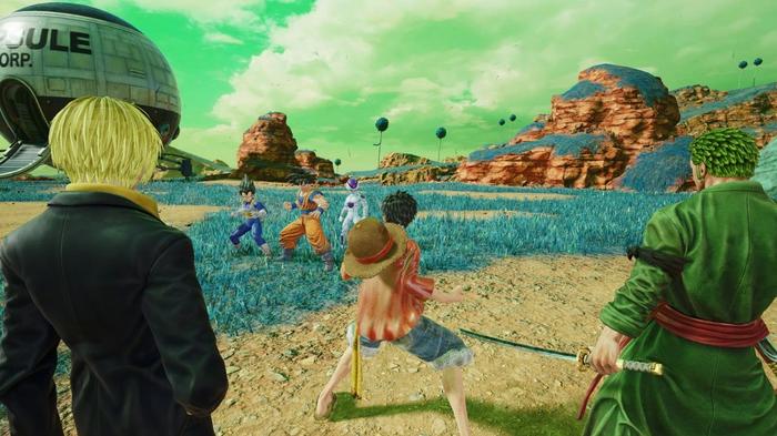 Characters stood by the seaside in the Jump Force game.