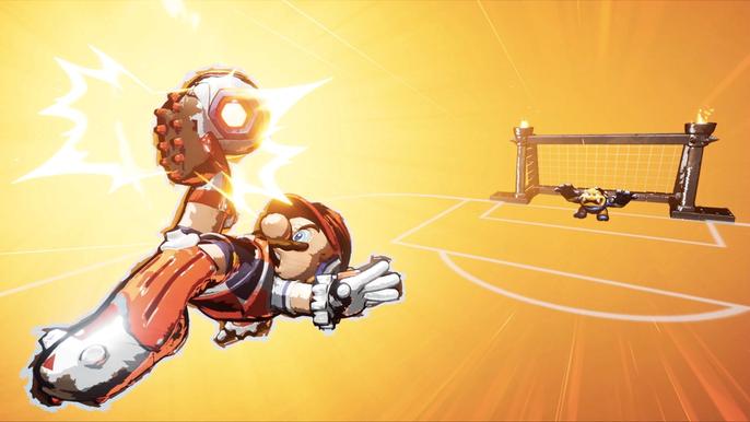 Image of Mario scoring an overhead kick in Mario Strikers: Battle League.