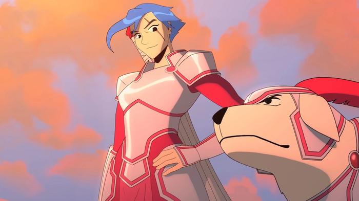 A blue-haired character and his dog in a cutscene from Wargroove.