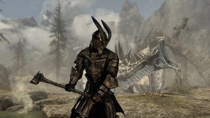 Image of the player character in front of a dragon in Skyrim