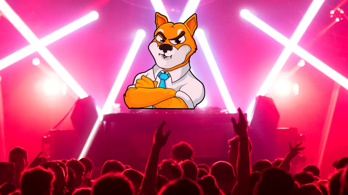 Shiba Inu Coin dog in front of a DJ deck in a party nightclub, with pink lights.