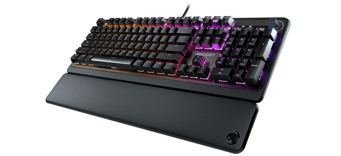 best gaming keyboard, product image of a black gaming keyboard with metal top plate, RGB lighting and wristrest