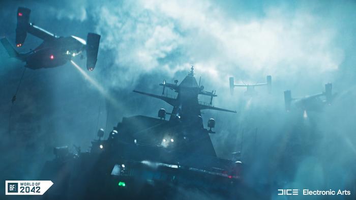 A plane shines a light on a ship in battlefield 2042
