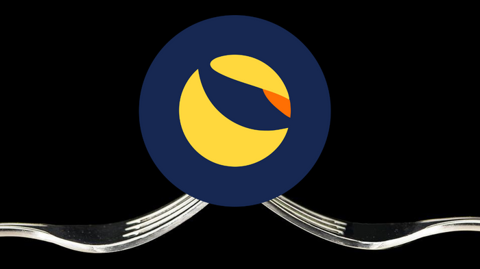 Terra Luna logo on two forks on black background.