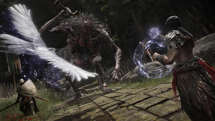 A player fighting a Storm Troll as a Hero using the Spirit Calling Bell in Elden Ring.