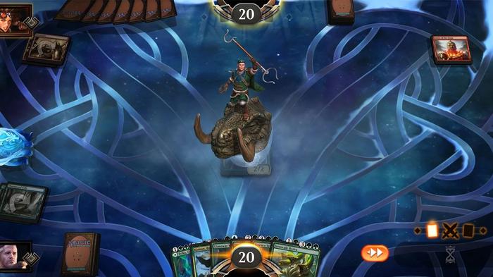 A promotional in-game shot of Magic: the Gathering Arena showing a 3D model of a man riding a beast bursting from a played card.