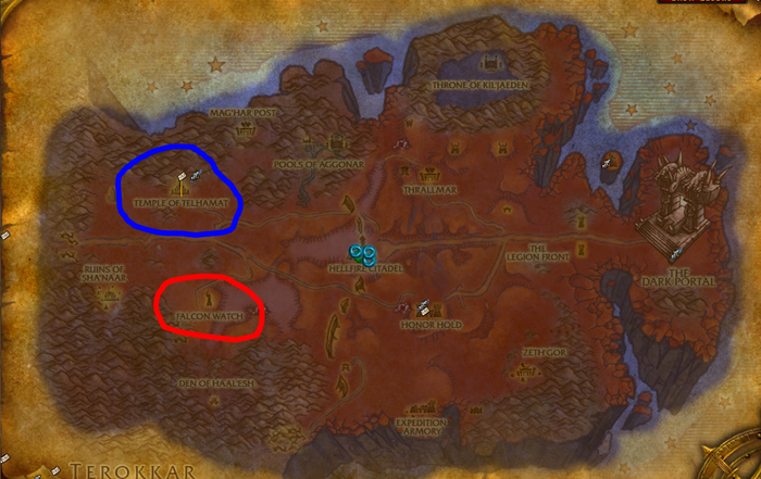 The location of both vendors in Hellfire Peninsula. (Alliance in blue, Horde in Red)
