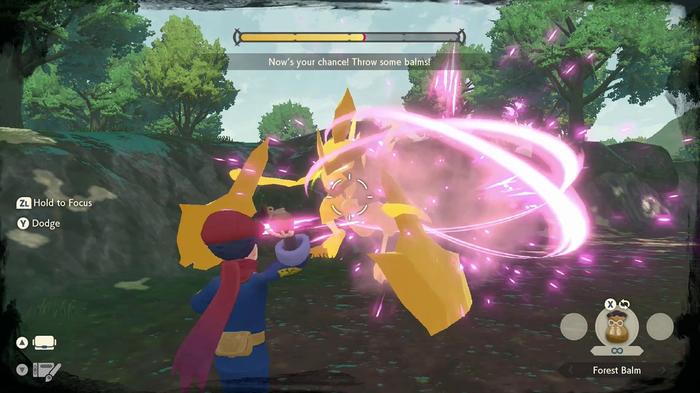 A Pokémon Trainer uses Forest Balm on Noble Pokémon, Kleavor, to reduce their shields and calm then in Pokémon Legends: Arceus.
