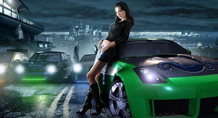 A woman leaning on a green car in Need for Speed Underground 2