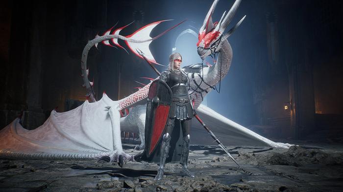 Screenshot from Century: Age of Ashes, showing a knight alongside a white and red dragon