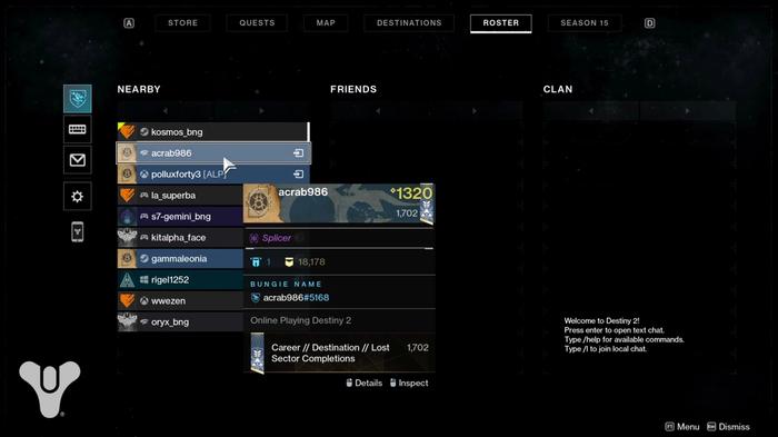 A screenshot from a Destiny 2 developer build showing the 'Roster' page with new Bungie Names added as player identifiers.