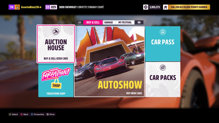 The Buy and Sell Cars Screen in Forza Horizon 5. The Auction House is highlighted