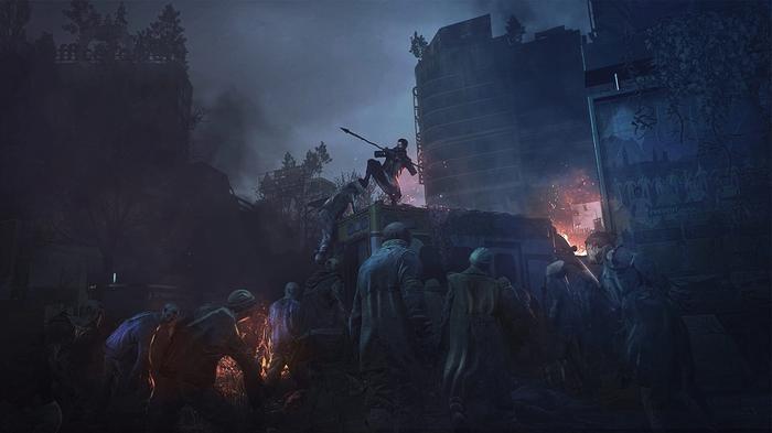 Dying Light 2 Official Artwork Human vs Infected Monsters at night. The human is standing on a truck, surrounded by monsters.