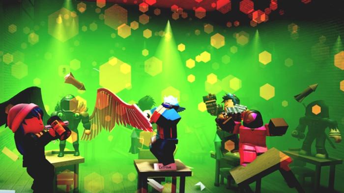 Screenshot from The Presentation Experience, showing several Roblox characters partying on top of school desks