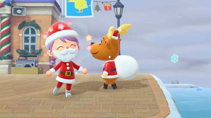 Animal Crossing New Horizons Toy Day Event Villager dressed as Santa about to talk to Jingle the reindeer in the plaza