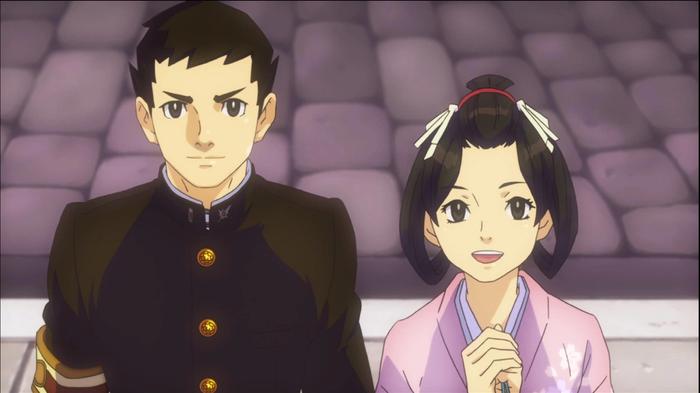 Screenshot from The Great Ace Attorney Chronicles showing two characters in a cutscene, a man wearing black and a woman wearing pink.