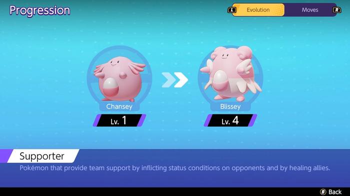 The progression screen showing at what level Pokémon Unite Blissey evolves.