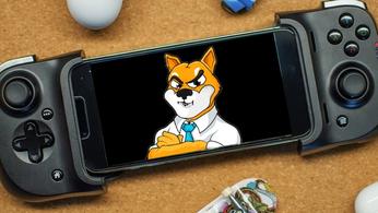 Shiba Inu Dog logo on a phone mobile game, on cork background.