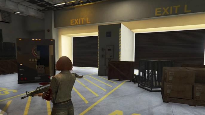 GTA Online The Contract Security Contract Stolen Monkey Recovery. The player is looking at the lab doors that exit the facility.