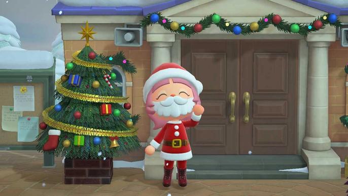 An Animal Crossing: New Horizons player stands outside of the Resident Services building in their Santa outfit, besides a Festive Tree crafted using a festive DIY recipe and ornaments.