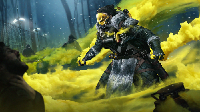 Apex Legends Mobile character, Caustic, surrounded by yellow gas.