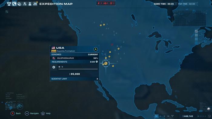 Jurassic World Evolution 2 Expedition Map USA Kayenta Formation Selected. It's showing a 50% chance of a Dilophosaurus genome being found