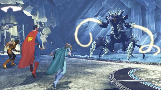 Image of Superman and other heroes battling a monster in DC Universe Online.