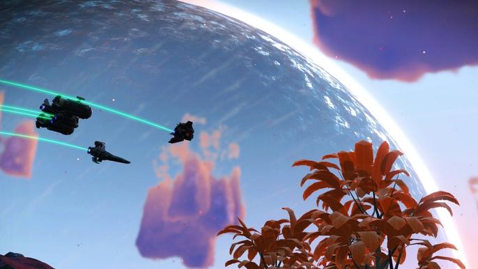 A player watching other Starships take off in No Man's Sky.