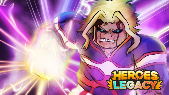 Artwork for Heroes Legacy featuring a Roblox character dressed as a superhero in a purple costume.